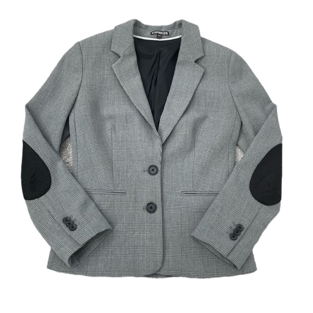 Express Gray Plaid Blazer Jacket with Elbow Pads Size 2